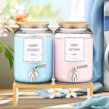 Glass Laundry Detergent Dispenser, Laundry Liquid Dispenser With Stainless-Steel Tap, 0.9 Gallon Liquid Fabric Softener Dispenser. Glass Jars Laundry Containers for Laundry Room Organization & Storage