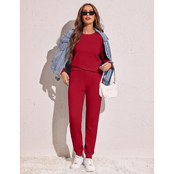 Ekouaer Women's Pajama Sets Casual 2Pcs Sleepwear Long Sleeve Pullover Tops Long Joggers Pants with Pockets Wine Red