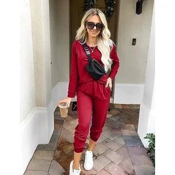 Ekouaer Women's Pajama Sets Casual 2Pcs Sleepwear Long Sleeve Pullover Tops Long Joggers Pants with Pockets Wine Red