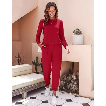 Ekouaer Women's Pajama Sets Casual 2Pcs Sleepwear Long Sleeve Pullover Tops Long Joggers Pants with Pockets Wine Red