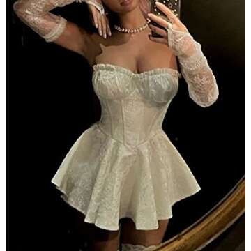 Women Y2k Ruffle Aline Dress Sexy Strapless Tube Bandeau Dress Fairy Flare Short Dress Cute Streetwear（lace White，Small）
