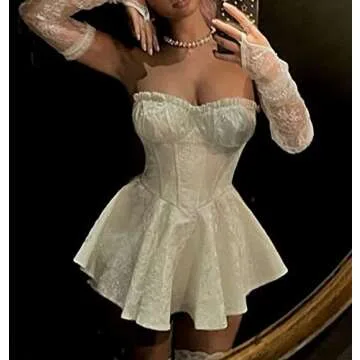 Women Y2k Ruffle Aline Dress Sexy Strapless Tube Bandeau Dress Fairy Flare Short Dress Cute Streetwear（lace White，Small）