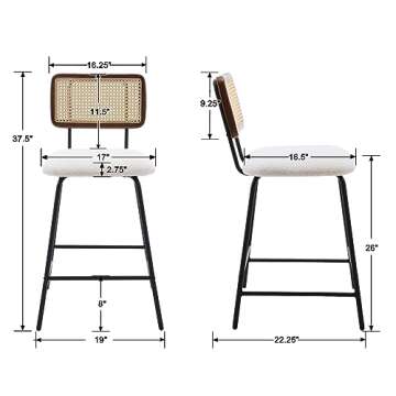 ZH4YOU Rattan Counter Height Bar Stools, 26'' Modern Boucle Counter Stools with Cane Back, Wicker Co...