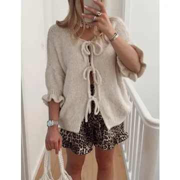 TIQOJE Women's 3/4 Sleeve Tie Front Cardigan Sweaters Lightweight Crew Neck Loose Bow Knit Sweater Tops(White-XL)