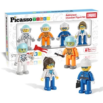 Picasso Toys Magnetic Character Action Figures 4 Piece Astronaut for Building Block Tile Toddler Toy...