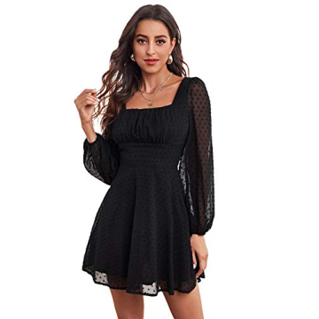 WDIRARA Women's Polka Swiss Dots Mesh Square Neck Dress for Effortless Style