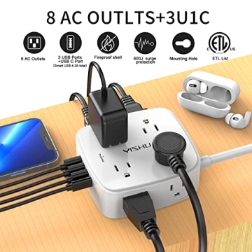 5Ft Surge Protector Power Strip - 8 Widely Outlets with 4 USB Ports, 3 Side Outlet Extender with 5 F...