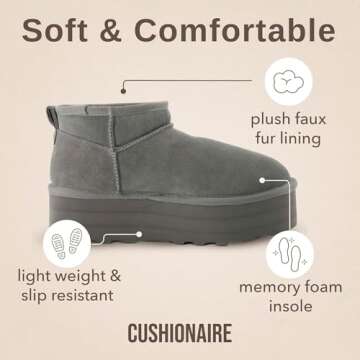 CUSHIONAIRE Hippy Women’s Platform Ankle Boots – Genuine Suede, Faux Fur Lining, Cozy Winter Slip-On Design Mini boots, GRAY 11