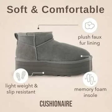 CUSHIONAIRE Hippy Women’s Platform Ankle Boots – Genuine Suede, Faux Fur Lining, Cozy Winter Slip-On Design Mini boots, GRAY 11