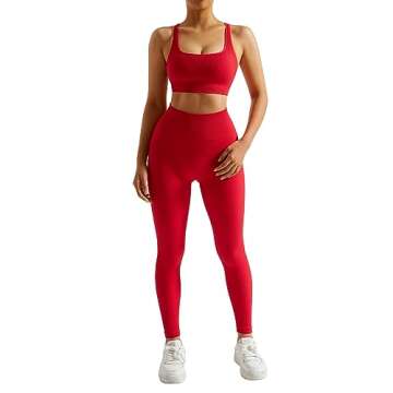 RXRXCOCO Ribbed Workout Sets for Women 2 Piece Backless Strappy Sports Bra Seamless Leggings Matchin...