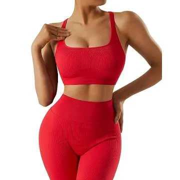 RXRXCOCO Ribbed Workout Sets for Women 2 Piece Backless Strappy Sports Bra Seamless Leggings Matching Set Yoga Outfits Red Medium