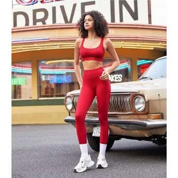 RXRXCOCO Ribbed Workout Sets for Women 2 Piece Backless Strappy Sports Bra Seamless Leggings Matching Set Yoga Outfits Red Medium