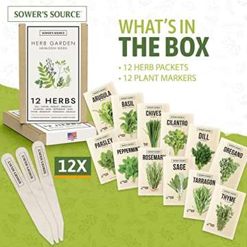 SOWER'S SOURCE Herb Seeds For Planting - 12 Non-GMO Herb Garden Seeds for Planting Herbs: Basil Seeds, Dill, Chives, Oregano, Sage, Peppermint, Cilantro, Thyme, Rosemary, Tarragon, Parsley, Arugula