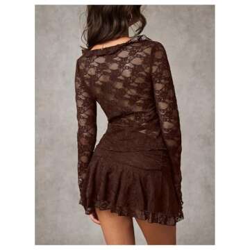 MakeMeChic Women's V Neck Mesh Sheer Floral Lace Tie Front Flare Sleeve Tee Crop Tops Coffee Brown Small