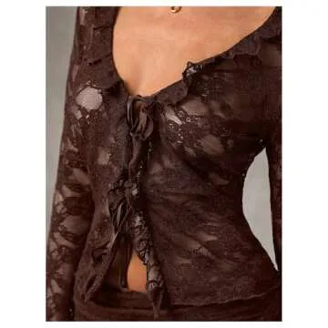 MakeMeChic Women's V Neck Mesh Sheer Floral Lace Tie Front Flare Sleeve Tee Crop Tops Coffee Brown Small