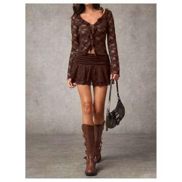 MakeMeChic Women's V Neck Mesh Sheer Floral Lace Tie Front Flare Sleeve Tee Crop Tops Coffee Brown Small