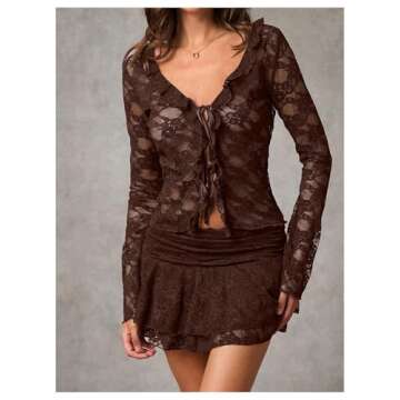 MakeMeChic Women's V Neck Mesh Sheer Floral Lace Tie Front Flare Sleeve Tee Crop Tops Coffee Brown Small