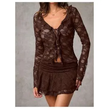 MakeMeChic Women's V Neck Mesh Sheer Floral Lace Tie Front Flare Sleeve Tee Crop Tops Coffee Brown Small