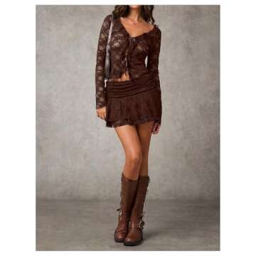 MakeMeChic Women's V Neck Mesh Sheer Floral Lace Tie Front Flare Sleeve Tee Crop Tops Coffee Brown Small