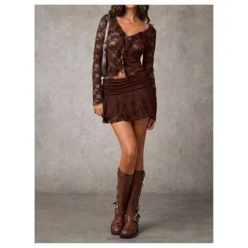 MakeMeChic Women's V Neck Mesh Sheer Floral Lace Tie Front Flare Sleeve Tee Crop Tops Coffee Brown Small