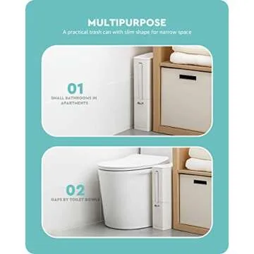 Baffect 2 Liter White Slim Bathroom Trash Can with Lid and Toilet Brush Holder