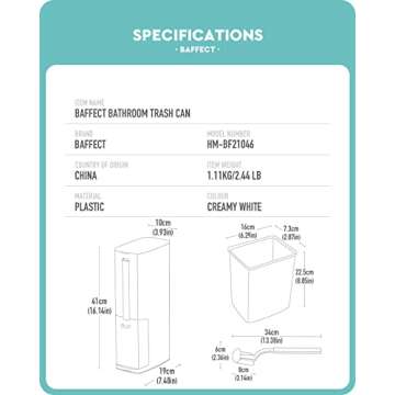 Baffect 2 Liter White Slim Bathroom Trash Can with Lid and Toilet Brush Holder