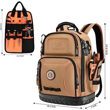 Tool Bag Backpack, 75 Pockets & Loops Canvas Heavy Duty Tools Organizer Bags/HVAC Tool Carrier for Electrician/Construction Work with Molded Base and Combination Lock - Brown