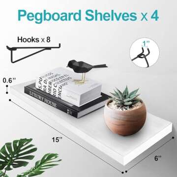 Pegboard Shelves, 4 Pack Pegboard Shelf Brackets with Metal Pegboard Hooks, Heavy Duty Peg Board Shelf Pegboard Book Shelf, Pegboard Accessories for Craft Room, Office, Garage