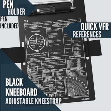 EntireFlight - Aviation Pilot Kneeboard VFR Black with Structured Notepad, Pilot Gear & Flight Bag Accessory, Airplane Grade Aluminum, Elastic Knee Strap & Pen Included for Pilots