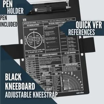 EntireFlight - Aviation Pilot Kneeboard VFR Black with Structured Notepad, Pilot Gear & Flight Bag Accessory, Airplane Grade Aluminum, Elastic Knee Strap & Pen Included for Pilots
