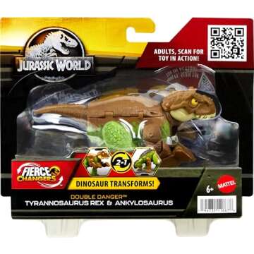 Mattel Jurassic World Fierce Changers 2-in-1 Dinosaur Action Figure, Double Danger Toy Transforms from Ankylosaurus to T Rex in 11 Steps
