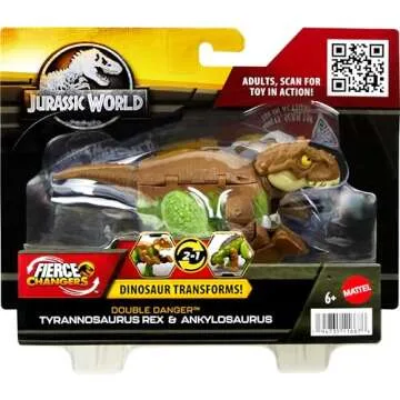 Mattel Jurassic World Fierce Changers 2-in-1 Dinosaur Action Figure, Double Danger Toy Transforms from Ankylosaurus to T Rex in 11 Steps