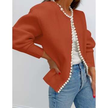 ZESICA Women's Open Front Cardigan Sweater Casual Knitted Long Sleeve Pearls Trim Outerwear Coat Trendy Clothes,Rust,Medium