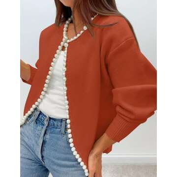ZESICA Women's Open Front Cardigan Sweater Casual Knitted Long Sleeve Pearls Trim Outerwear Coat Trendy Clothes,Rust,Medium