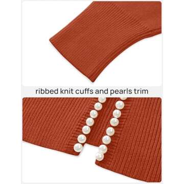ZESICA Women's Open Front Cardigan Sweater Casual Knitted Long Sleeve Pearls Trim Outerwear Coat Trendy Clothes,Rust,Medium