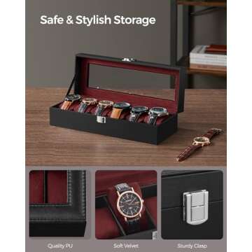 SONGMICS Watch Box, 6-Slot Watch Case with Large Glass Lid, Removable Watch Pillows, Watch Box Organizer, Gift for Loved Ones, Black Synthetic Leather, Wine Red Lining UJWB006R01