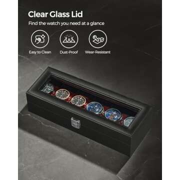 SONGMICS Watch Box, 6-Slot Watch Case with Large Glass Lid, Removable Watch Pillows, Watch Box Organizer, Gift for Loved Ones, Black Synthetic Leather, Wine Red Lining UJWB006R01