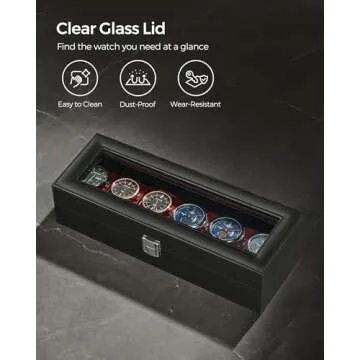 SONGMICS Watch Box, 6-Slot Watch Case with Large Glass Lid, Removable Watch Pillows, Watch Box Organizer, Gift for Loved Ones, Black Synthetic Leather, Wine Red Lining UJWB006R01