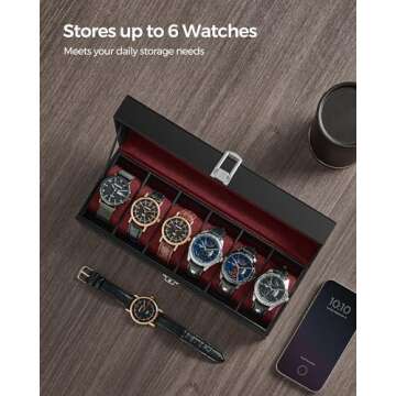 SONGMICS Watch Box, 6-Slot Watch Case with Large Glass Lid, Removable Watch Pillows, Watch Box Organizer, Gift for Loved Ones, Black Synthetic Leather, Wine Red Lining UJWB006R01