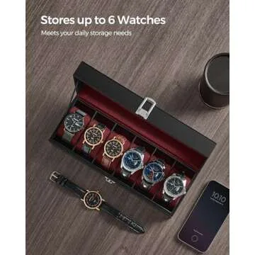 SONGMICS Watch Box, 6-Slot Watch Case with Large Glass Lid, Removable Watch Pillows, Watch Box Organizer, Gift for Loved Ones, Black Synthetic Leather, Wine Red Lining UJWB006R01