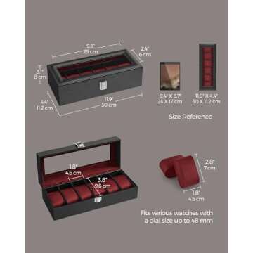 SONGMICS Watch Box, 6-Slot Watch Case with Large Glass Lid, Removable Watch Pillows, Watch Box Organizer, Gift for Loved Ones, Black Synthetic Leather, Wine Red Lining UJWB006R01
