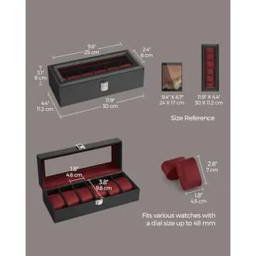 SONGMICS Watch Box, 6-Slot Watch Case with Large Glass Lid, Removable Watch Pillows, Watch Box Organizer, Gift for Loved Ones, Black Synthetic Leather, Wine Red Lining UJWB006R01