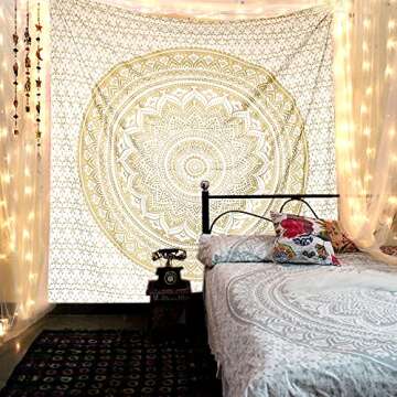 raajsee Mandala Tapestry - Boho Wall Art - 30x40 Inches - White Gold - Bedroom Decor