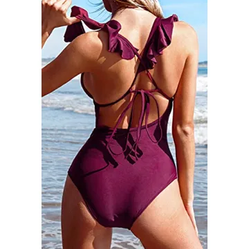 CUPSHE Women's One Piece Swimsuit Ruffle Deep V Neck Strappy Swimwear Bathing Suits