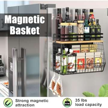 2 Pack Magnetic Spice Storage Rack Organizer for Refrigerator, Magnetic Shelf for Fridge with Wood L...