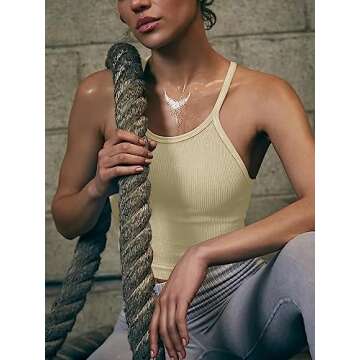 Womens Sports Bra Cute Workout Long Tank Tops Fitness Yoga Padded Bra Camisole Crop Tops for Teen Girls(Beige Large)