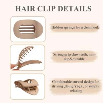 4 PCS Flat Hair Clips, Round Lay Down Hair Claw Clips for Women Girls, French Strong Hold Hair Barrettes for Thick Thin Hair,Comfortable Curved Flat Clips for Lying,Driving and More (Neutral Matte)