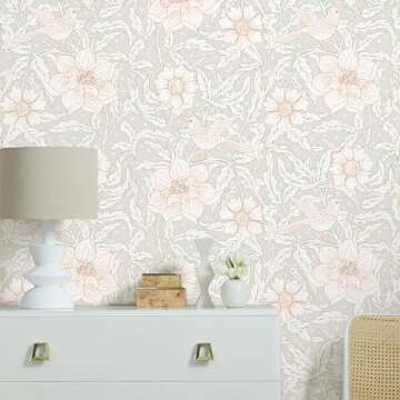 Simon&Siff 17.3"X118" Floral Wallpaper Peel and Stick Vintage Wallpaper Removable Self Adhesive White Wallpaper Renter Friendly for Bedroom Bathroom Drawer Cabinets Decor