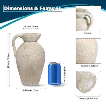 Cloudroot Rustic Ceramic Farmhouse Vase With Handle,Terracotta 12 Inch Large Vintage Pottery| Pampas Grass, Flowers Living Room Bedroom Mantle Centerpieces,Aesthetic Neutral Decorative Boho Home Decor