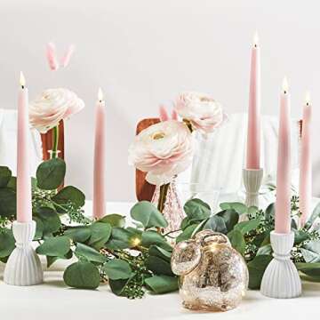 Pink Flameless Taper Candles - 4 Pack, 9 Inch Tall Remote & Timer, Real Wax, Unscented, Battery Operated Candlesticks with Flickering LED Flame, Blush Pink Wedding Centerpiece